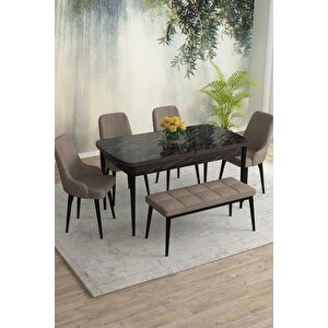 Meri Siyah Mermer 80x132 Açılabilir Mdf Masa Yemek Odası Takımı,mutfak Masa Takımı 4 Sandalye 1bench Cappuccino