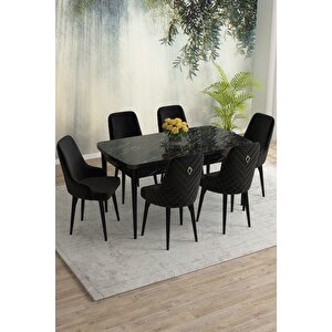 Meri Beyaz Mermer 80x132 Açılabilir Mdf Masa Yemek Odası Takımı,mutfak Takımı 6 Adet Sandalye Siyah