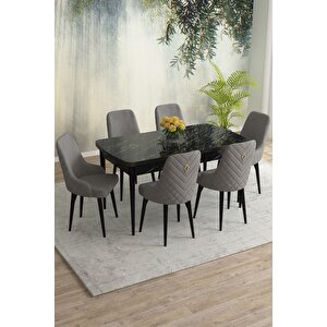 Meri Siyah Mermer 80x132 Açılabilir Mdf Masa Yemek Odası Takımı, Mutfak Takımı 6 Adet Sandalye Gri