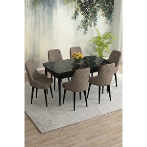 Meri Siyah Mermer 80x132 Açılabilir Mdf Masa Yemek Odası Takımı, Mutfak Takımı 6 Adet Sandalye Cappuccino