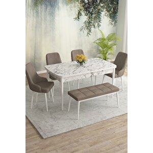 Meri Beyaz Mermer 80x132 Açılabilir Mdf Masa Yemek Odası Takımı,mutfak Masa Takımı 4 Sandalye 1bench Cappuccino