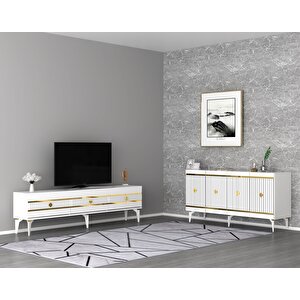Lennora Tv Sehpasi (alt Modül) Ve Konsol 2'li̇ Salon Takimi beyaz-altın Beyaz-Altın