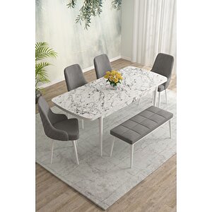 Meri Beyaz Mermer 80x132 Açılabilir Mdf Masa Yemek Odası Takımı,mutfak Masa Takımı 4 Sandalye 1bench Gri