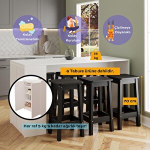 Edgar G4861 6 Adet Siyah Tabure Mutfak Adası Bar Masası Beyaz Depolamalı Çok Amaçlı Kapaklı Masa