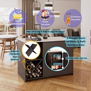 Vino G5131 3adet Siyah Tabure Mutfak Ada Carrara Mermer Desen Antrasit Şaraplıklı Çok Amaçlı Masa