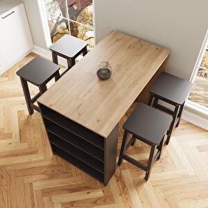 Pablo G4923 4 Adet Antrasit Tabureli Bar Masası Sepet Antrasit 4 Raf Depolamalı Modern Mutfak Masası
