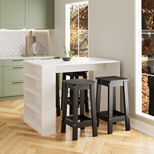 Pablo G4931 4 Adet Siyah Tabureli Beyaz Bar Masası 4 Raflı Açık Depolamalı Çok Amaçlı Mutfak Masası