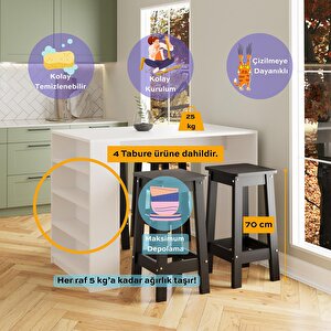 Pablo G4931 4 Adet Siyah Tabureli Beyaz Bar Masası 4 Raflı Açık Depolamalı Çok Amaçlı Mutfak Masası