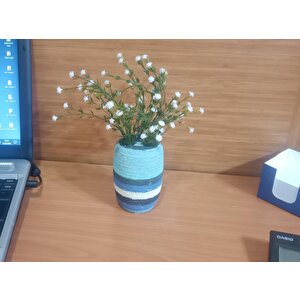 İki Adet Vazo Dahil,vazoda Çiçek,beyaz Yapay Çiçek,vazo Dekoratif Mavi Örgü Poliresin 7x7x16cm