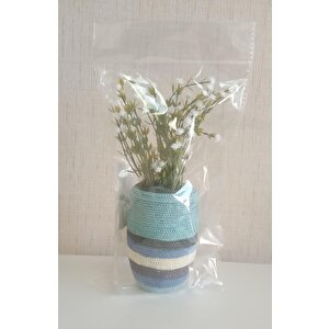 İki Adet Vazo Dahil,vazoda Çiçek,beyaz Yapay Çiçek,vazo Dekoratif Mavi Örgü Poliresin 7x7x16cm