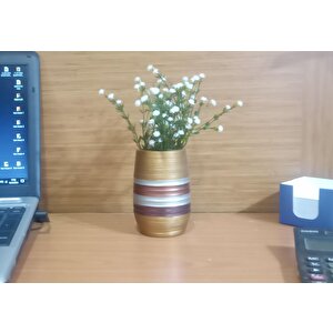 İki Adet Vazo Dahil,vazoda Çiçek,beyaz Yapay Çiçek,vazo Dekoratif Metalik Kahve Poliresin 6x6x17cm