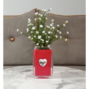 İki Adet Vazo Dahil,vazoda Çiçek,beyaz Yapay Çiçek,vazo Dekoratif Kristal Taşlı Kırmızı Kalpli  6x6x16cm