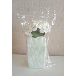 İki Adet Vazo Dahil,vazoda Çiçek,beyaz Yapay Çiçek,vazo Dekoratif Çiçekli Su Yeşili 7x7x17cm