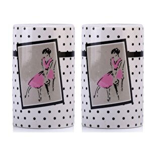 İki Adet Kalemlik Pembe Elbiseli Kadın Model Seramik Ofis Gereci  7x7x11cm
