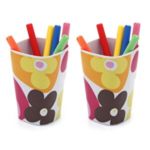 İki Adet Kalemlik Kırmızı Papatya Desenli Ofis Gereci 7x7x11cm 300ml