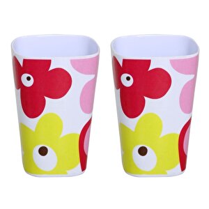 İki Adet Kalemlik Kırmızı Papatya Desenli Ofis Gereci 7x7x11cm 300ml