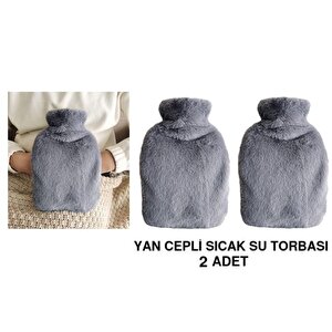 İki Adet Sıcak Su Torbası Yan Cepli Gri  Peluş Termofor 27x17x2cm  1 Litre