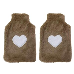 İki Adet Sıcak Su Torbası Peluş Kalpli,bej Termofor 27x17cm 1 Litre
