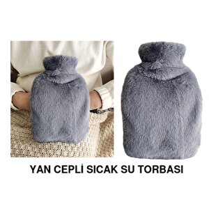 Sıcak Su Torbası Yan Cepli Gri  Peluş Termofor 27x17x2cm  1 Litre