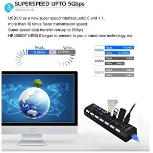 5258 7 Port Usb 3.0 2.0 Hub Anahtarlı Çoklayıcı Çoğaltıcı Switch