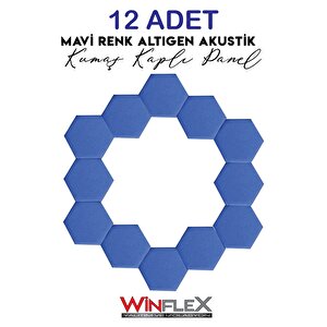 Dekorati̇f Altigen Akusti̇k Kumaş Kapli Panel 12 Adet - (17x20cm) Mavi