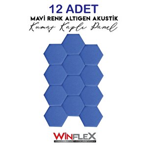 Dekorati̇f Altigen Akusti̇k Kumaş Kapli Panel 12 Adet - (17x20cm) Mavi
