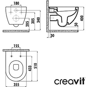 Creavit Free Mat Siyah Kanallı Asma Klozet Fe320, Creavit Duck Duroplast Yavaş Kapak