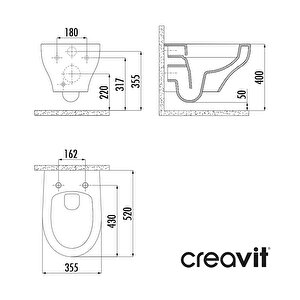 Creavit Ness Beyaz Kanalsız Açık Montaj Asma Klozet Ns322, Creavit Ness Duroplast Yavaş Kapak Kc3403.02