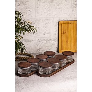 Bella 10 Parça Tepsili Ahşap Vakumlu Kapaklı Cam Kahvaltılık Çok Amaçlı Cam Çerezlik 235ml