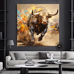 Boğa Kanvas Tablosu – Altın & Siyah Saldıran Boğa – Finans Bölgesi Ev & Ofis Dekoru 40x40 cm