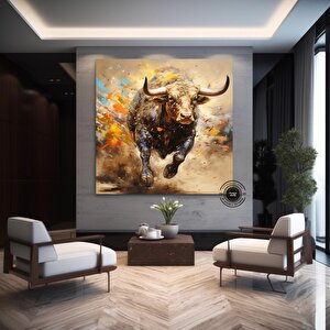 Boğa Kanvas Tablosu – Altın & Siyah Saldıran Boğa – Finans Bölgesi Ev & Ofis Dekoru 40x40 cm