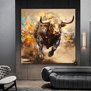 Boğa Kanvas Tablosu – Altın & Siyah Saldıran Boğa – Finans Bölgesi Ev & Ofis Dekoru 40x40 cm