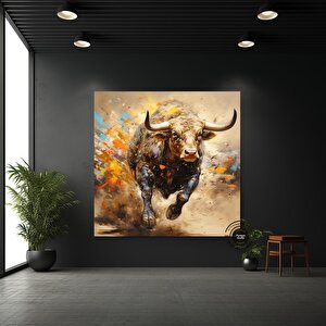 Boğa Kanvas Tablosu – Altın & Siyah Saldıran Boğa – Finans Bölgesi Ev & Ofis Dekoru