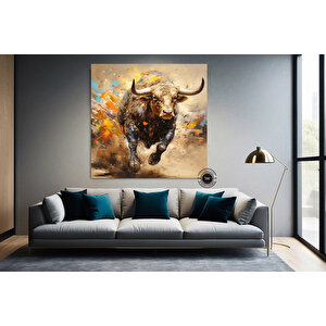 Boğa Kanvas Tablosu – Altın & Siyah Saldıran Boğa – Finans Bölgesi Ev & Ofis Dekoru