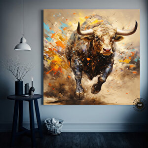 Boğa Kanvas Tablosu – Altın & Siyah Saldıran Boğa – Finans Bölgesi Ev & Ofis Dekoru