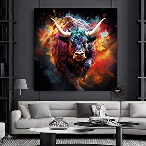 Boğa Kanvası, Renkli Boğa Tablosu, Soyut Hayvan Boyama, Büyük Boy 100x100 cm