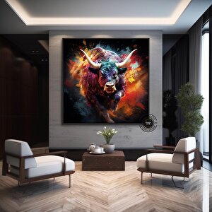 Boğa Kanvası, Renkli Boğa Tablosu, Soyut Hayvan Boyama, Büyük Boy 100x100 cm