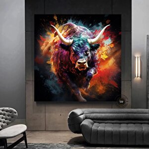 Boğa Kanvası, Renkli Boğa Tablosu, Soyut Hayvan Boyama, Büyük Boy 40x40 cm