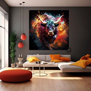 Boğa Kanvası, Renkli Boğa Tablosu, Soyut Hayvan Boyama, Büyük Boy
