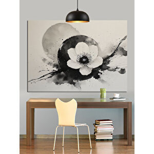 Siyah Beyaz Çiçek Deseni Dekoratif Kanvas - Mdf Ahşap Tablo 70x100 cm