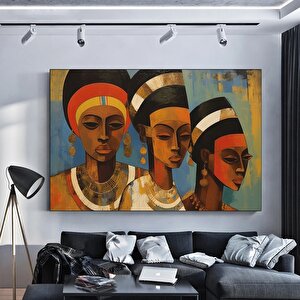 Üç Geometrik Afrikalı Yağlı Boya Kanvas Tablosu, Renkli Afrikalı Kadınlar Duvar Sanatı
