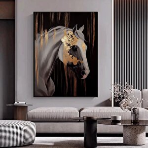 Beyaz Ve Altın At Posteri – Hayvan Temalı Büyük Boy Kanvas Tablo – Lüks Oda Dekoru 60x90 cm