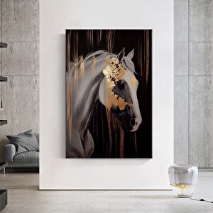 Beyaz Ve Altın At Posteri – Hayvan Temalı Büyük Boy Kanvas Tablo – Lüks Oda Dekoru