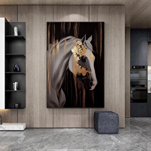 Beyaz Ve Altın At Posteri – Hayvan Temalı Büyük Boy Kanvas Tablo – Lüks Oda Dekoru