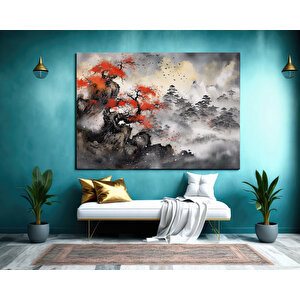 Japon Dağ Manzaralı Kanvas, Asya Tarzı Ev Dekoru, Japon Doğa Tablosu 60x120 cm