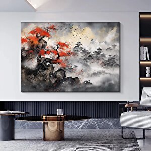 Japon Dağ Manzaralı Kanvas, Asya Tarzı Ev Dekoru, Japon Doğa Tablosu 140x200 cm