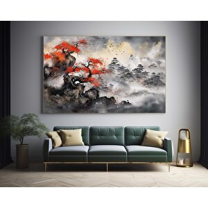 Japon Dağ Manzaralı Kanvas, Asya Tarzı Ev Dekoru, Japon Doğa Tablosu 70x100 cm