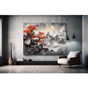 Japon Dağ Manzaralı Kanvas, Asya Tarzı Ev Dekoru, Japon Doğa Tablosu