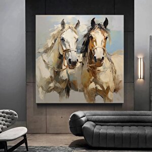 İki At Kanvası – Modern Hayvan Duvar Sanatı, Lüks Ev Dekoru 100x100 cm