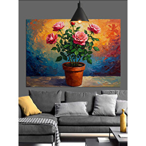 Renkli Vazoda Pembe Çiçekler Dekoratif Kanvas - Mdf Ahşap Tablo 50x70 cm